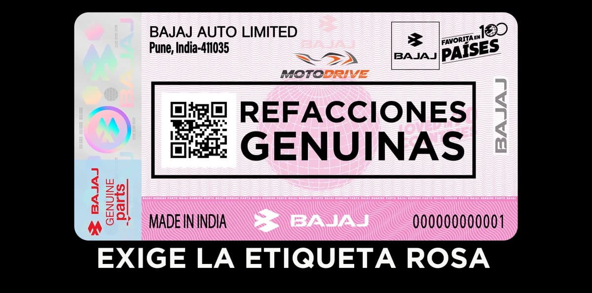 Etiqueta rosa de refacciones genuinas Bajaj, con holograma, código QR y número de serie